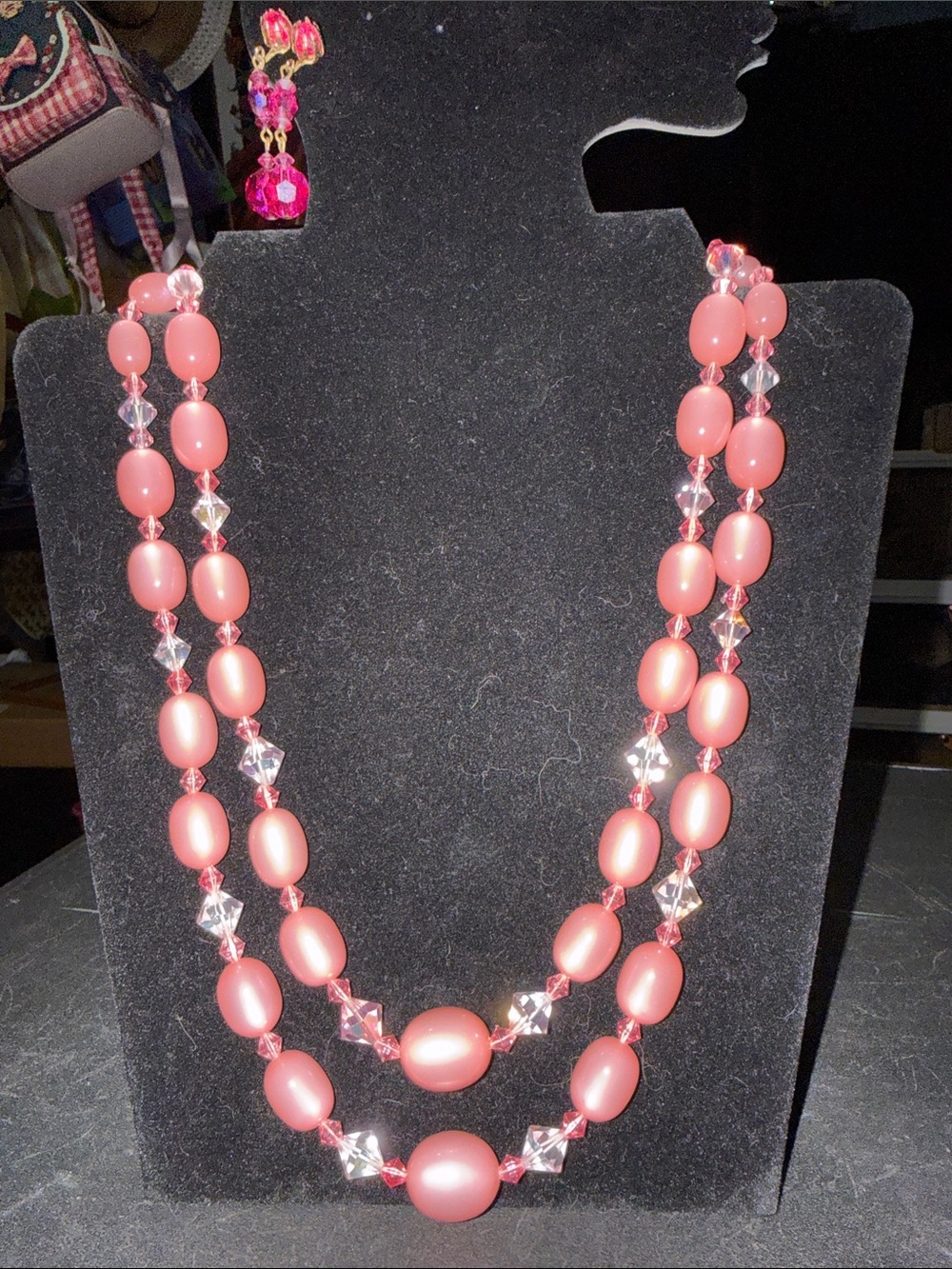 Pink Two-Strand Beaded Necklace w/ Earrings
